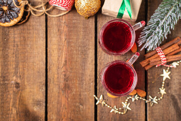 Obraz na płótnie Canvas christmas mulled wine celebrate the new year cozy fresh portion hot drink sweet beverage meal snack on the table copy space food background rustic. top view