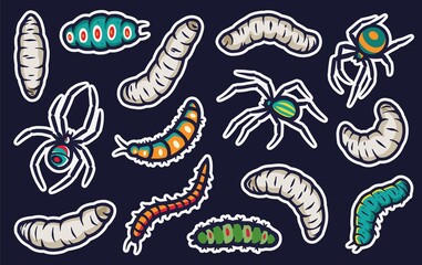 Halloween sticker with spider and worm for children holiday. Creepy larvae of maggot. Horror insect for spiderweb design. Spooky web tarantula for dark halloween party