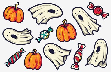 Halloween sticker with ghost, pumpkin and candy for children holiday. Horror spirit and sweet lollipop for design of halloween party