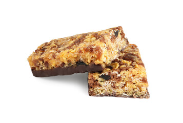 Halves of tasty protein bar with granola on white background