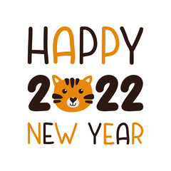 Happy new year 2022 vector illustration with cute tiger and lettering on white background. Modern colorful cartoon illustration