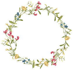 Obraz na płótnie Canvas Watercolor beautiful wreath of meadow flowers, herbs, berries isolated on white background