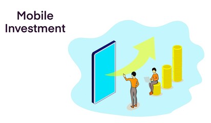 Mobile banking investment application concept.Man work with laptop in front of smart phone.
Growth investment concept.saving concept.
