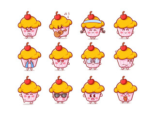 Cute and Kawaii cupcake Sticker Illustration Set With Various Activity and Expression for mascot