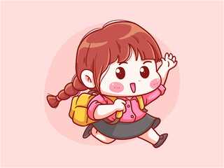 Cute and kawaii Girl running go to school with backpack Manga Chibi Illustration