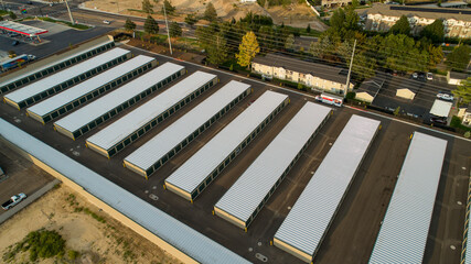 aerial shot of temp self storage units
