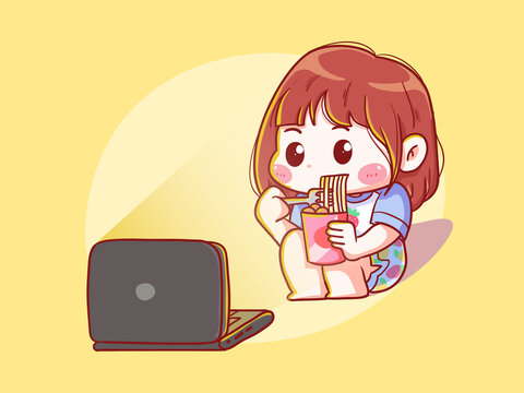 Cute and kawaii Girl eat noodle while watching movie on laptop Manga Chibi Illustration