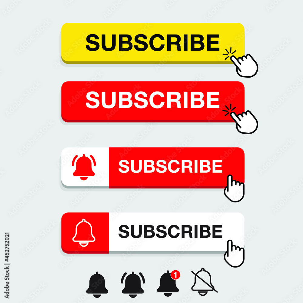 Poster subscribe button for social media with hand cursor. subscribe to video channel, blog and newsletter.