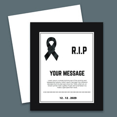 Funeral card template. Vector funeral card with black ribbon, place for text. Eps 10 vector illustration.