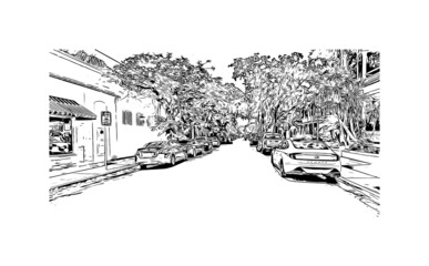 Obraz premium Building view with landmark of Key West is the city in Florida. Hand drawn sketch illustration in vector.