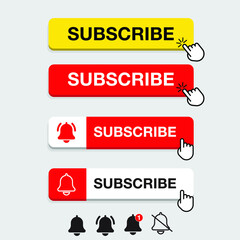 Subscribe button for social media with hand cursor. Subscribe to video channel, blog and newsletter. Red button with hand cursor and bell for subscription.  Eps 10 vector illustration.