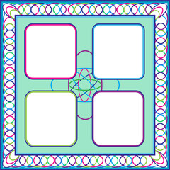 Abstract modern graphic frames with multi-colored spirals decorating the frame.