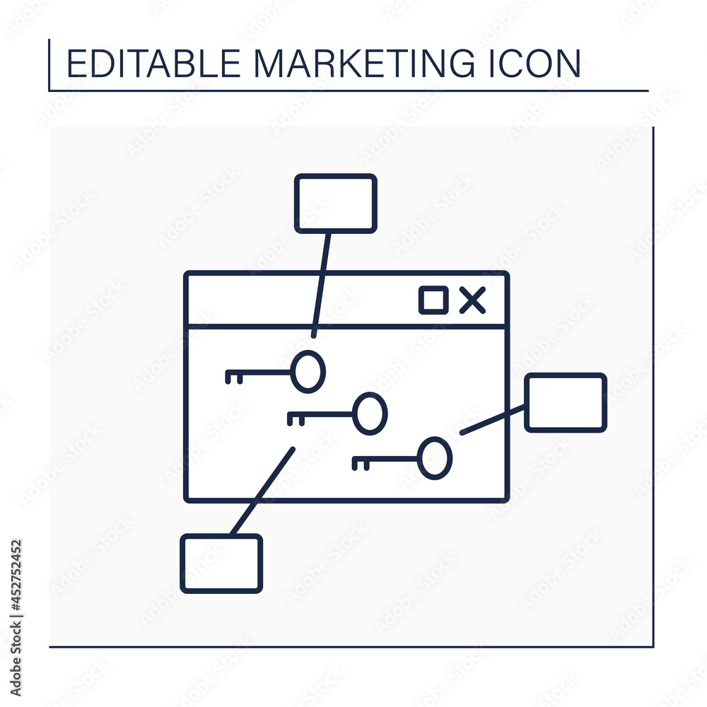 Poster keyword density line icon. keyword optimization refers to number of times target keyword is used on 