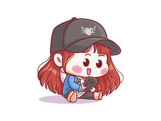 Cute and kawaii korean k-pop Girl Playing with Smartphone Manga Chibi Illustration