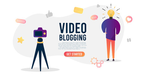 Cartoon internet blogger recording media content. Influencer filming video blog. Man takes photography on his camera illustration