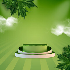 welcome spring 3d rendering product podium display with green maple leaves