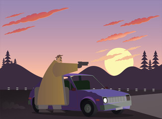 Fototapeta na wymiar Film noir detective standing by the car with lights on and holding a gun against the mountain landscape on the sunset. Stylized 1950 vintage thriller movie illustration