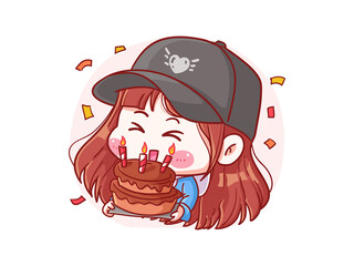 Cute and kawaii korean k-pop Stylish Girl Celebrate Birthday with Cake manga chibi Illustration