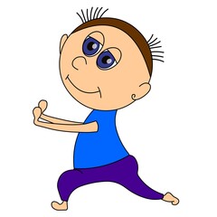 Funny yogi boy isolated on white background. The character performs the exercise by practicing yoga. The concept of exercise and a healthy lifestyle. Flat vector design.