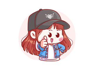 Cute and kawaii korean k-pop Stylish Girl Give Thumb Up Sign manga chibi Illustration