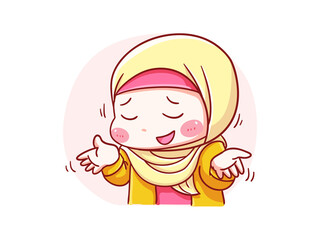 Cute and kawaii Hijab Girl talking and dont know what happened Chibi Illustration
