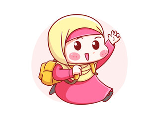Cute and kawaii Hijab Girl running go to school with backpack Manga Chibi Illustration