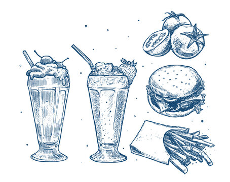 Simply food illustration. Classic hand drawn sketch with milk shake, hot dog, cupcake, hamburger, tomatoes, ice cream and french fries isolated on white background. 