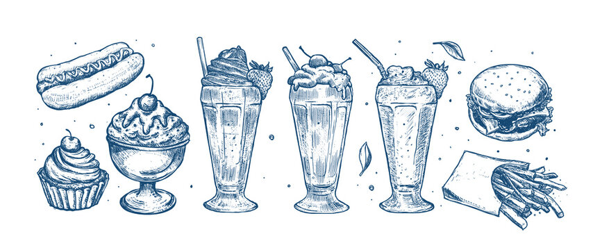 Simply Food Illustration. Classic Hand Drawn Sketch With Milk Shake, Hot Dog, Cupcake, Hamburger, Tomatoes, Ice Cream And French Fries Isolated On White Background. 