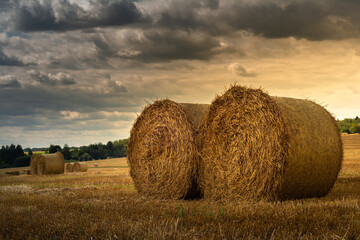 a pair of round straw bales on a stubble field after harvesting crops under a dramatic sky. industrial agricultural landscape