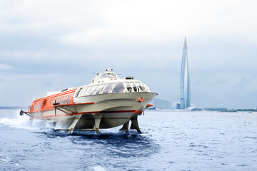 Meteor hydrofoil jet boat traveling by the surface of Baltic sea bay of Saint Petersburg, Russia....