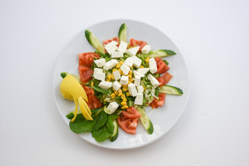 greek salad, ,cheese, lettuce, arugula, corn, cucumber, tomato salad, Mediterranean salad