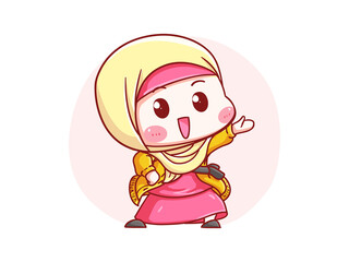 Cute and kawaii Happy Hijab Girl pointing on announcement Chibi Illustration