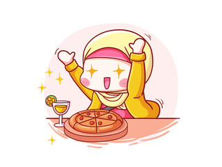 Cute and kawaii Hijab Girl Excited To Eat Food manga chibi Illustration