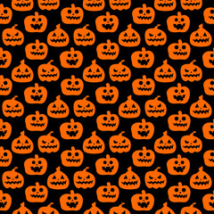 Seamless repeating pattern with Halloween symbols. Design of silhouettes for the holiday Halloween. for postcard, fabric, banner, template, wrapping paper. Vector flat illustration.