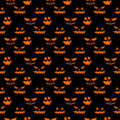 Seamless repeating pattern with Halloween symbols. Design of silhouettes for the holiday Halloween. for postcard, fabric, banner, template, wrapping paper. Vector flat illustration.