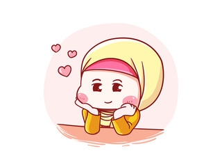 Cute and kawaii Hijab Girl Fall in Love Manga Chibi Illustration