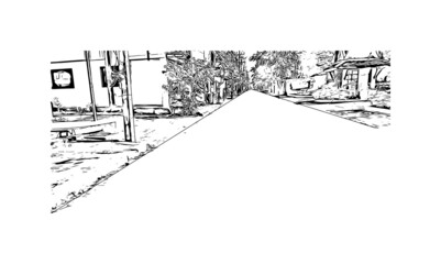 Obraz premium Building view with landmark of Khao Lak is a series of villages in Thailand. Hand drawn sketch illustration in vector.