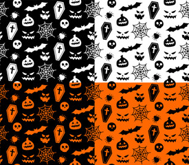 Seamless repeating pattern with Halloween symbols. Design of silhouettes for the holiday Halloween. for postcard, fabric, banner, template, wrapping paper. Vector flat illustration.