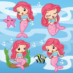 cute cartoon mermaid, Mermaids illustrations