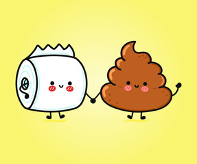 Cute, funny happy turd and  toilet paper character. Vector hand drawn cartoon kawaii characters, illustration icon. Funny cartoon turd and toilet paper friends concept