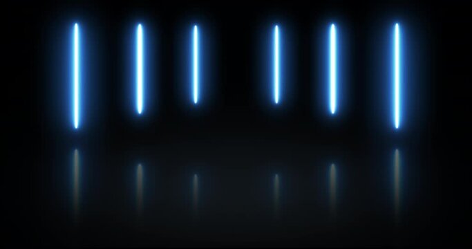 parallel pulsing parallel laser ray lines casting a blue light over a black background with reflective ground. 4K video animation. 3D render