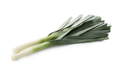 Fresh raw leeks on white background. Ripe onion