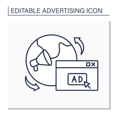 International ads line icon.Dissemination of commercial message to target audiences in countries. Business activity. Goods promoting.Advertising concept. Isolated vector illustration. Editable stroke