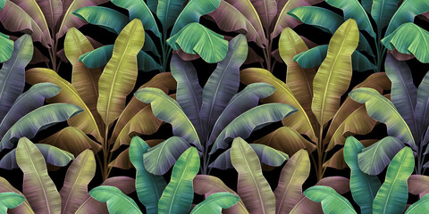Fototapety  Drzewa bananowe i liście, kolorowy jasny teksturowanej wzór. Vintage rysowane ręcznie tropikalny ilustracja 3d. Tło grunge premium. Luksusowe tapety, tkaniny, drukowanie tkanin, plakaty