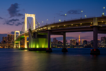 Fototapeta na wymiar Tokyo city skyline with Rainbow Bridge and Tokyo Tower from Odaiba, Japan