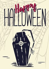Halloween skeleton or vampire get out of coffin. Halloween undead and walking dead. Fear, horror and spooky zombie for design dark party of happy halloween