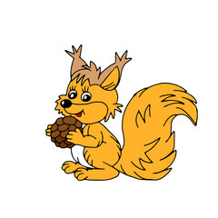 Hand drawn orange vector illustration of a beautiful adult young squirrel with a big cone and a long fluffy tail isolated on a white background