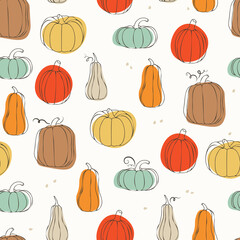 Pumpkin vector seamless pattern. Thanksgiving or halloween day concept. Great for postcards, paper, textiles. Autumn concept and vegetable compositions.