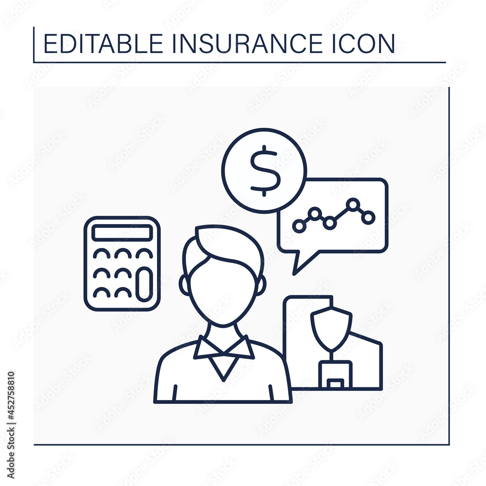 Poster actuary line icon. person compiles and analyses statistics. calculate insurance risks and premiums. 