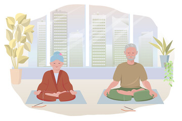 Elderly adult couple does yoga in studio or on terrace against backdrop of city skyscrapers. Concept of meditation, sports, yoga, active healthy lifestyle at any age and elderly. Vector illustration.